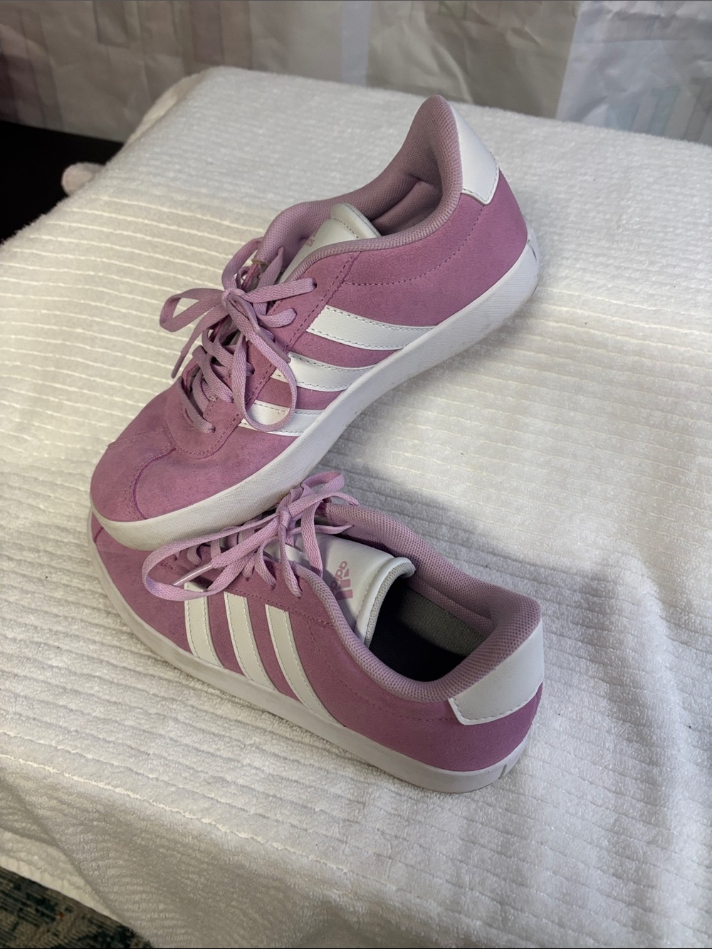 adidas kids Pink Suede Casual Sneakers with White Stripes